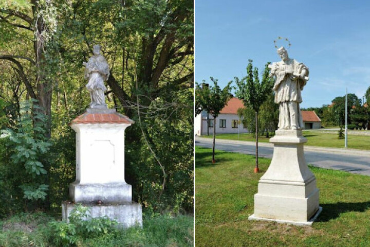 Dwie rzeźby św. Jana Nepomucena miały najwyraźniej ochraniać wioskę ze wschodniej i zachodniej strony. Pierwsza z nich, z roku 1717 znajduje się przy drodze z Sedlca koło Mikulowa do Portzskiego młyna, a druga stoi przed Kościołem.